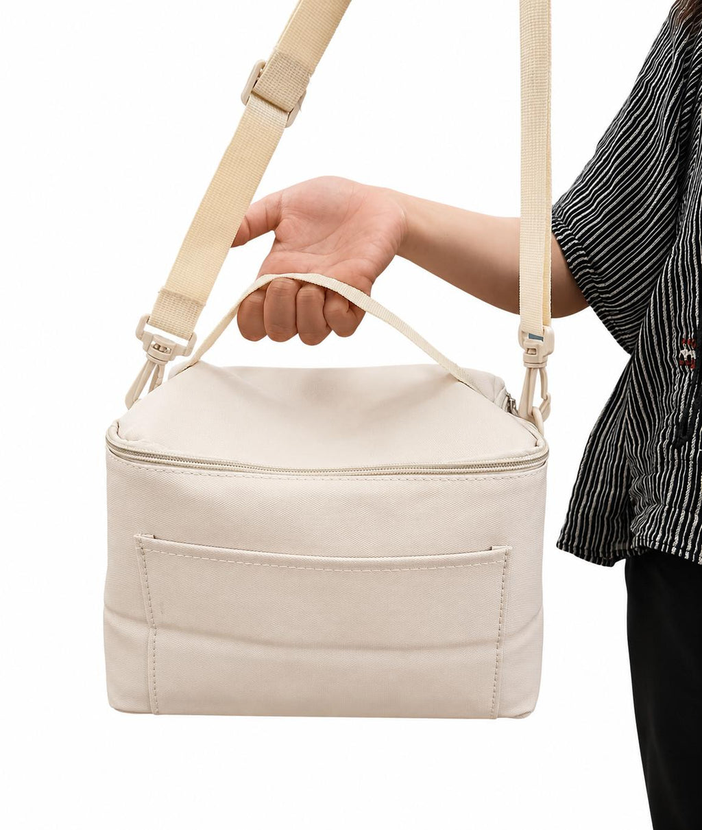 Lunch bag isotherme beige avec bandoulière réglable et poche avant