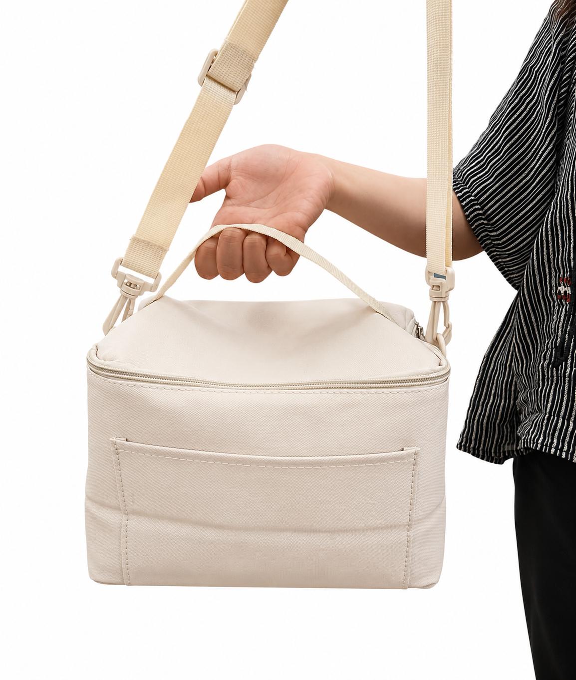 Lunch bag isotherme beige avec bandoulière réglable et poche avant